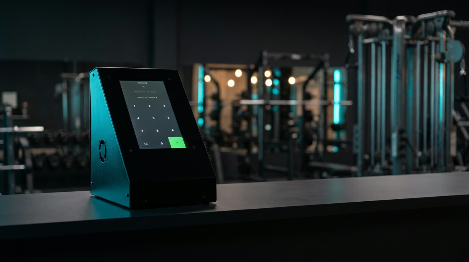 Lymbo Portal instalado en el mostrador de un gimnasio